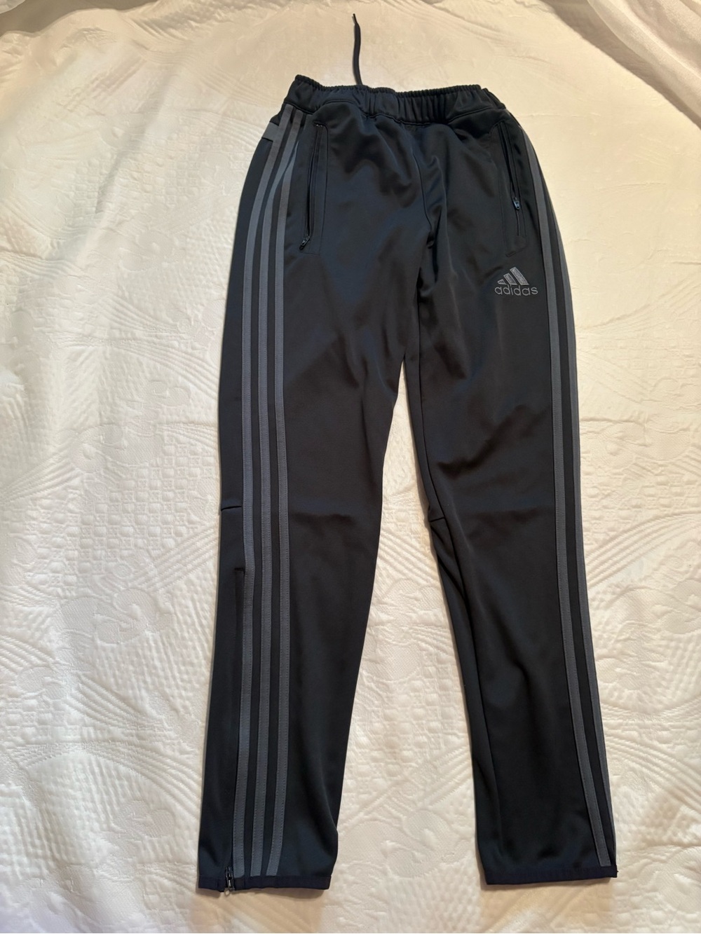 Adidas Boys Black Track Pants Size XL 14 3 Stripe Soccer Joggers Side Zippers